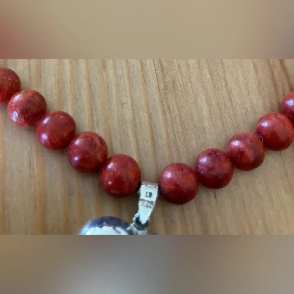 NEW Lee Sands Vintage Sterling Silver Heart Red Beaded Necklace and Bracelet Set